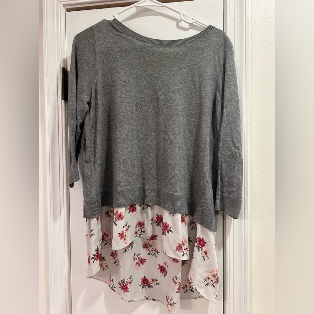 LOFT Gray Sweater with Pink Floral Accent